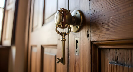 Vintage Brass Key Hanging on Wooden Door with Doorknob and Lock in Warm Natural Light