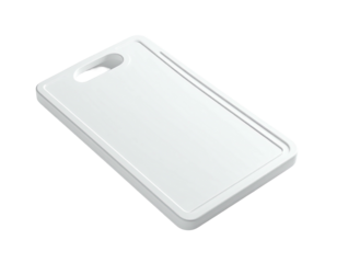 Isometric view of a clean, white rectangular cutting board with handle hole