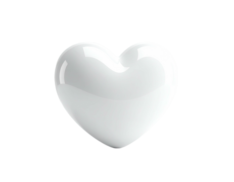 A glossy white heart shape, centrally displayed against a stark black background