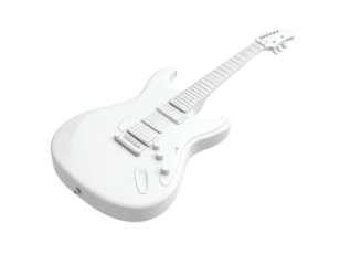 All-white electric six-string guitar, floating on black background