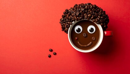 Whimsical Coffee Cup Character with Bean Hair on Red Background.
