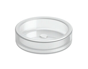 A transparent, shallow, circular vessel with a centered, raised detail