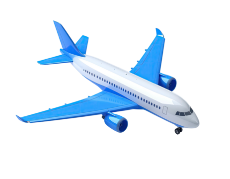3D rendering of a blue and white airplane with a black background