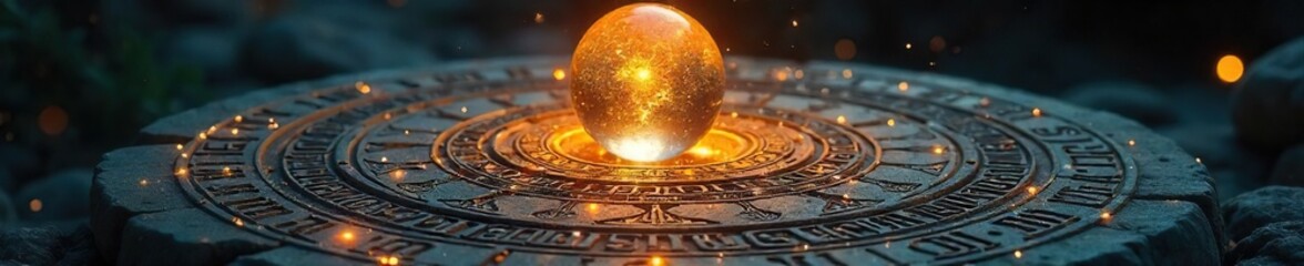 Glowing Celestial Sphere Hovers Over Ancient Runes Mystical Stone with Ethereal Light and Arcane Energy, Perfect for Fantasy, Occult, and Spiritual Designs
