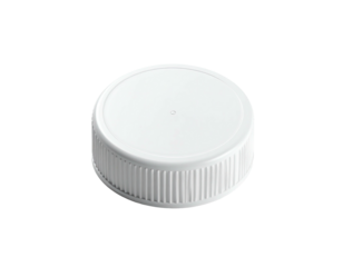 A white, circular plastic cap sits atop a black background with a ridged outer edge