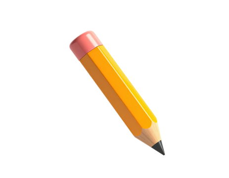 A 3D rendered yellow pencil, graphite tip facing down, pink eraser on top