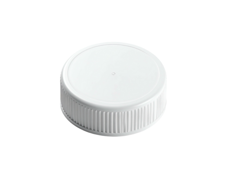 A white, circular plastic cap sits atop a black background with a ridged outer edge