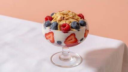 Fresh yogurt parfait with strawberries blueberries raspberries and almonds
