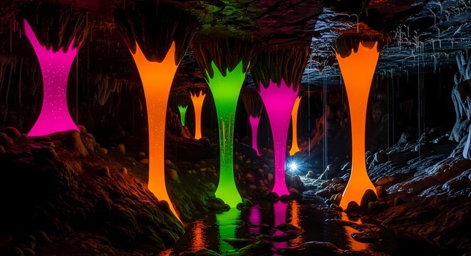 Explore an otherworldly cave with vibrant, luminous formations reflected in the water, creating a captivating and surreal landscape for travel and adventure