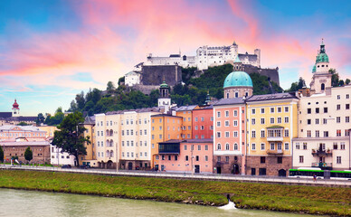 Fototapeta premium Sunset view of Salzburg, Austria, Hohensalzburg Fortress