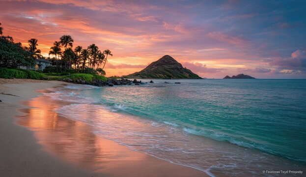 Serene sunrise over a Hawaiian beach