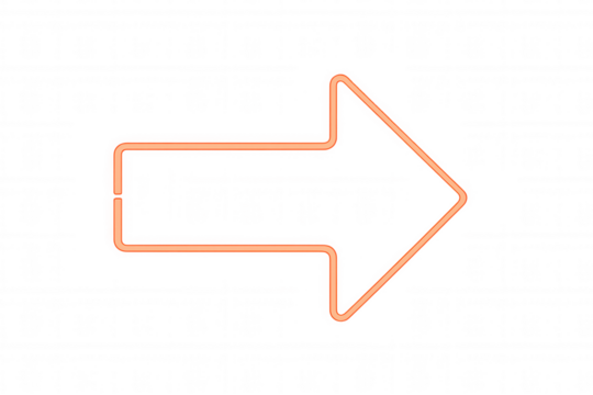 Orange neon arrow pointing right, luminous pointer for direction, navigation, and next steps on transparent background