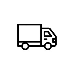 Simple black and white line drawing of a delivery truck icon representing logistics and shipping