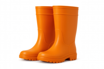 Orange rubber rain boots providing waterproof protection for wet weather conditions, isolated on a transparent background
