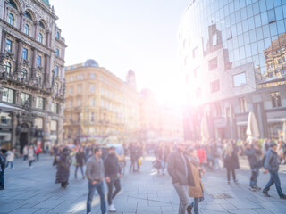 Crowd of anonymous people walking on busy city