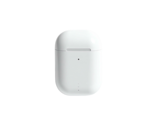 White, smooth, pill-shaped case. Top lid slightly open. Minimalist design on black