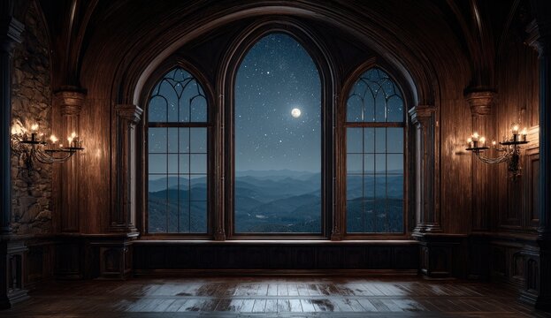 Dark, medieval room with large arched window overlooking a starry night