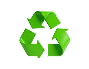 Obraz premium Glossy, green three-arrow symbol for recycling against a stark black background