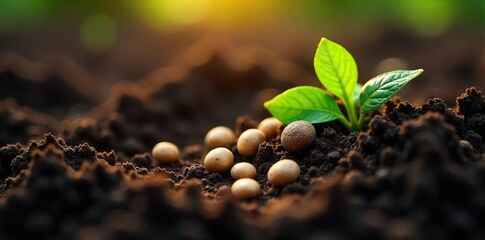 Sunlight Illuminates Tiny Seeds Nestled in Dark, Fertile Soil, Ready for Spring Planting.  A Close-Up View of Agricultural Beginnings.