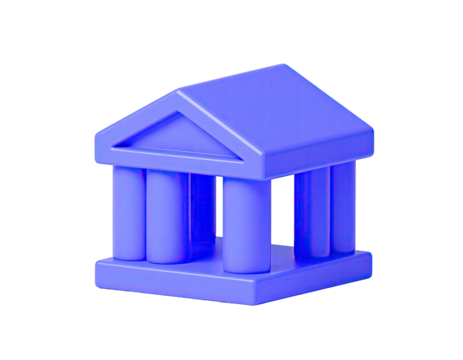 Stylized, 3D rendering of a classic building with columns and a triangular roof