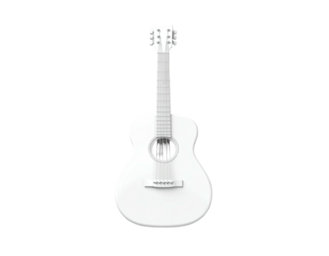 A pristine, white acoustic guitar floats against a stark black background