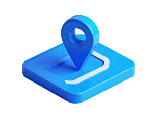 Isometric blue pin on a square platform against a black background