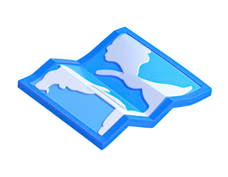Isometric, stylized folded map icon with a light blue glow on a black background