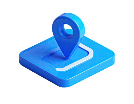 Isometric blue pin on a square platform against a black background