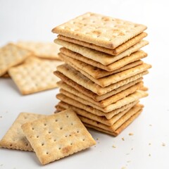Stack of crunchy crackers on a clean white background with additional crackers scattered around