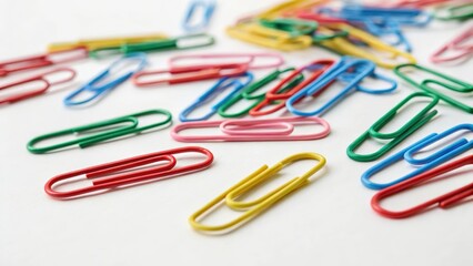 Colorful paper clips scattered on a white surface create an engaging and vibrant visual display for office supplies