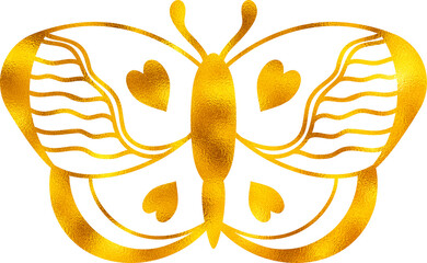 Golden foil butterfly, textured, ornate abstract wings. Luxury and elegant decorative element.