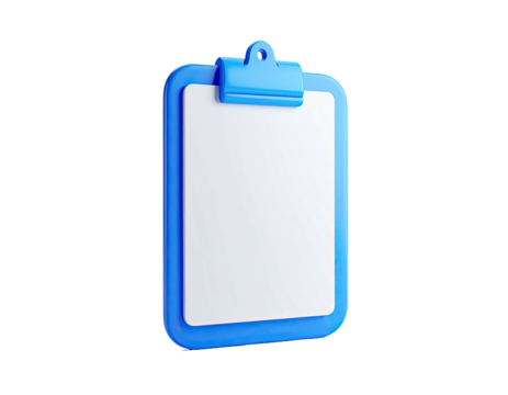 3D render of a blue clipboard with a blank white paper on black background