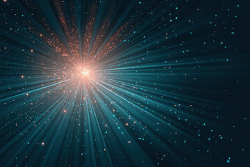 Fototapeta premium Radiant burst of light forming cosmic portal in navy and teal tones with glowing star particles