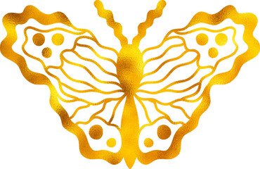 Golden foil butterfly, textured, ornate abstract wings. Luxury and elegant decorative element.