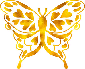 Golden foil butterfly, textured, ornate abstract wings. Luxury and elegant decorative element.