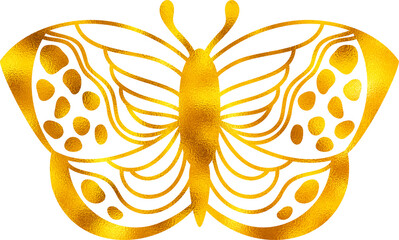 Golden foil butterfly, textured, ornate abstract wings. Luxury and elegant decorative element.