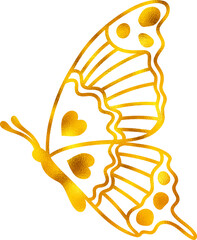 Golden foil butterfly, textured, ornate abstract wings. Luxury and elegant decorative element.
