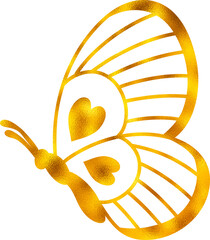 Golden foil butterfly, textured, ornate abstract wings. Luxury and elegant decorative element.