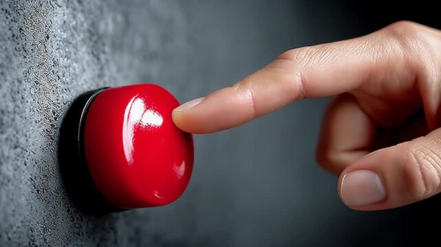 Close-up sequence of a hand poised to press a vibrant red button against a textured gray wall, illustrating the moment of anticipation and action in a dynamic visual narrative