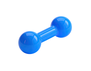 Glossy 3D rendering of a blue dumbbell floating against a stark black background