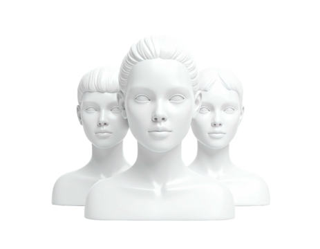 Three white, featureless mannequin heads, clustered, against a black background