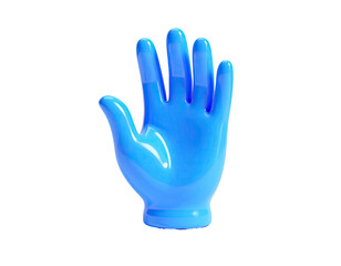 Rendered image of a shiny, open, blue hand against a stark black background