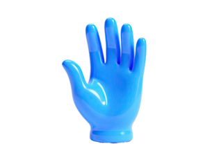 Rendered image of a shiny, open, blue hand against a stark black background
