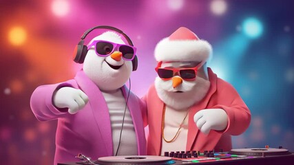 Animated snowmen DJs in vibrant attire, joyfully celebrating with music and dance, showcasing a lively party atmosphere with colorful lights and engaging expressions throughout the scene progression