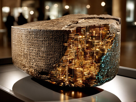 a stone artifact with ancient cuneiform script inscribed on it, displayed in a museum setting. The artifact is encased in a protective glass display case, and there is a placard with text beneath it, 