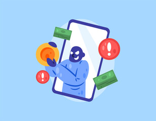 Illegal online loan application concept. Be careful with online loan services. Danger warning. Illustration of a smartphone with a fraudster giving money and a warning sign. Flat design style. Blue