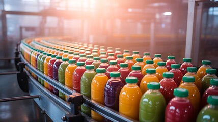 Colorful juice bottles on production line in beverage factory
