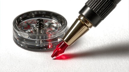 Red ink pen writing on white surface close up view