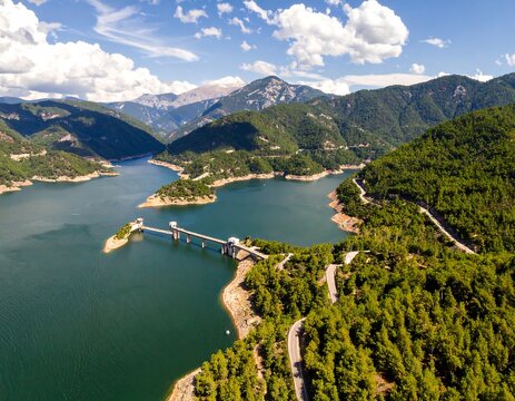 Aerial view of a dam and reservoir