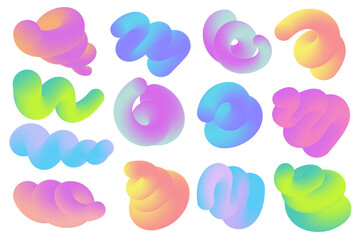 3D abstract gradient shapes. Colored fluid wavy lines. Bright blended holographic pipes on white background. Swirl modern doodle strokes. Vector trendy vibrant elements for creative poster
